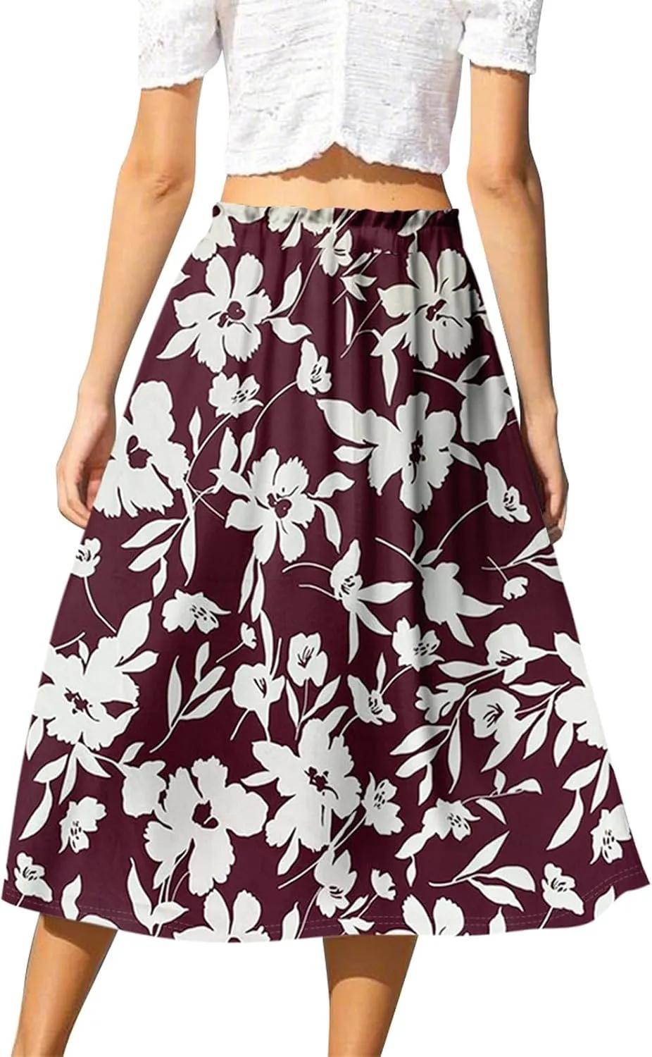A Line Floral Midi Skirts for Women Casual Trendy Elastic High Waisted Pleated Flowy Drawstring Midi Length Skirts