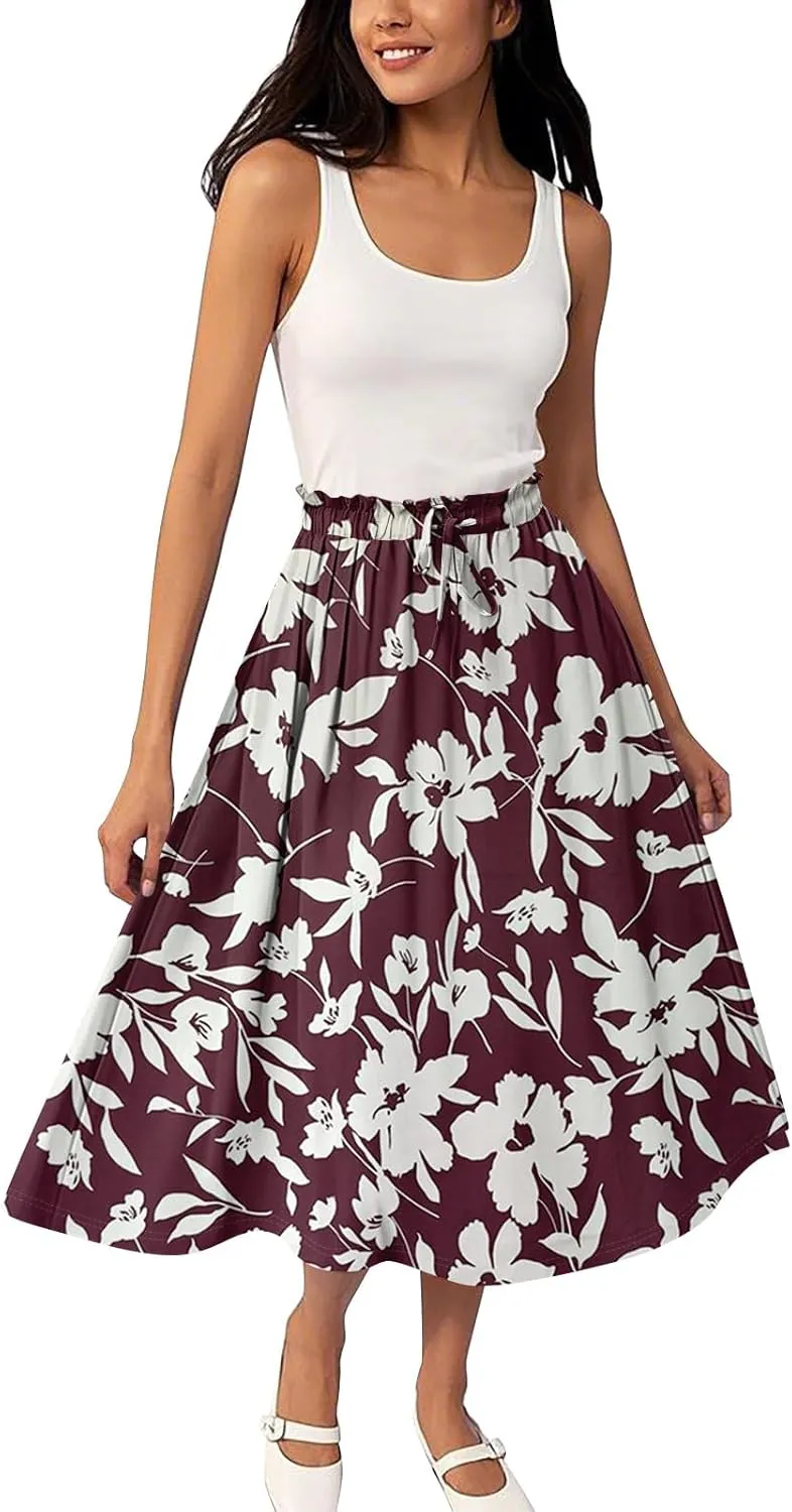 A Line Floral Midi Skirts for Women Casual Trendy Elastic High Waisted Pleated Flowy Drawstring Midi Length Skirts