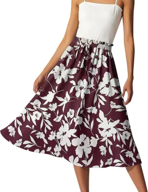 A Line Floral Midi Skirts for Women Casual Trendy Elastic High Waisted Pleated Flowy Drawstring Midi Length Skirts