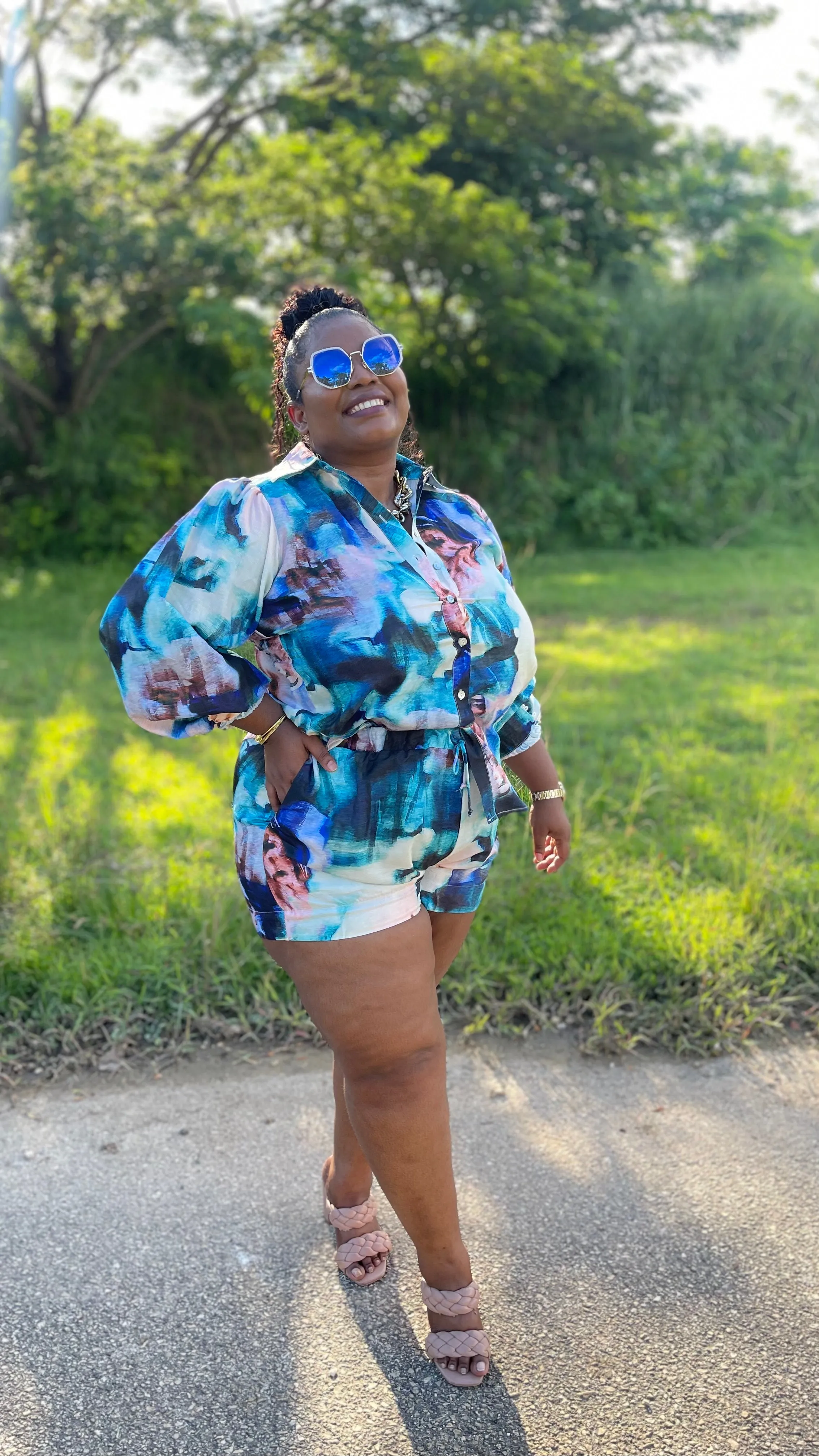 ABSTRACT BUTTON UP SHORT SET