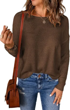 Acelitt Womens Casual Fall Long Sleeve Crewneck Lightweight Loose Crochet Knit Pullover Sweaters Tops Brown Medium