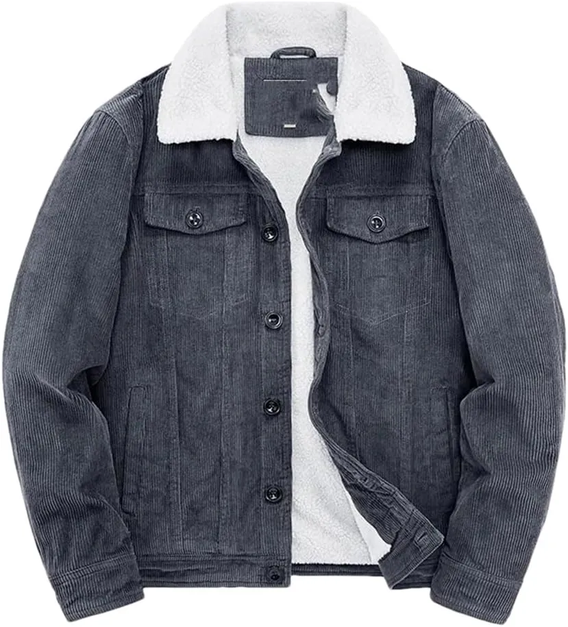 Adhdyuud Male Cotton Padded Warm Jackets Loose Corduroy Short Parka Coat Casual Solid Zip Windbreaker Gray 4XL