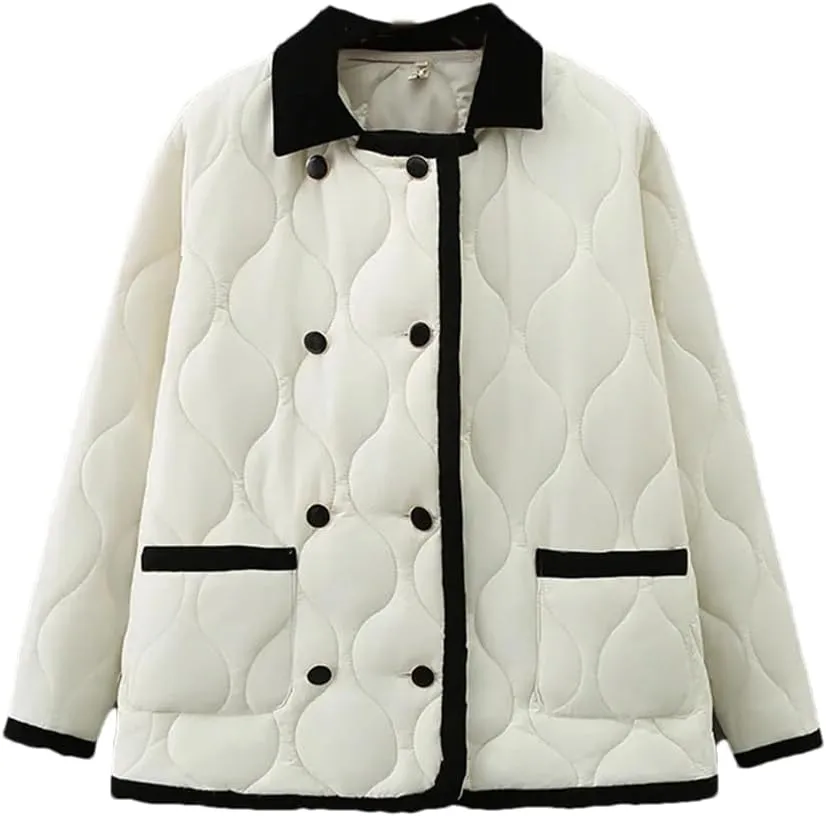 Adhdyuud Women With Pocket Lapel Cotton Padded Coat Double-Breasted Winter Thin Warm Outerwear