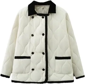 Adhdyuud Women With Pocket Lapel Cotton Padded Coat Double-Breasted Winter Thin Warm Outerwear