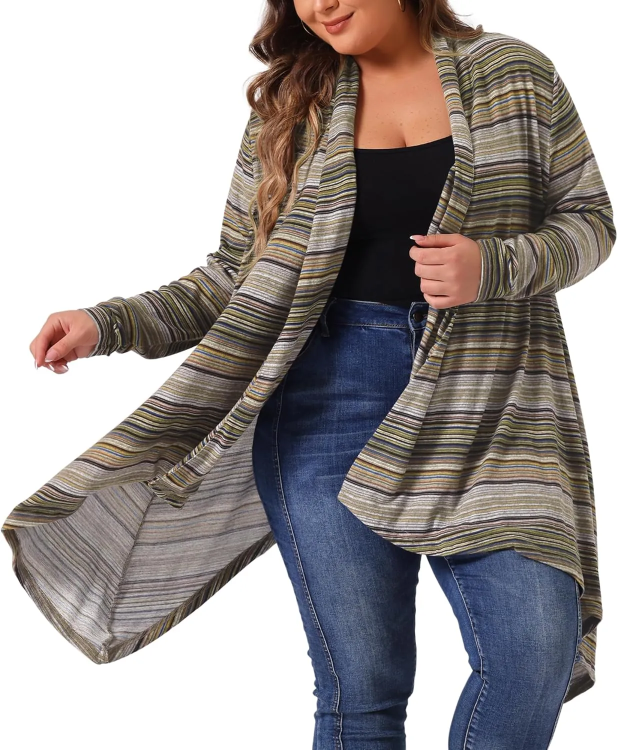 Agnes Orinda Plus Size Cardigan Sweaters for Women Lightweight Long Sleeve Open Front Knit Stripe Cardigans
