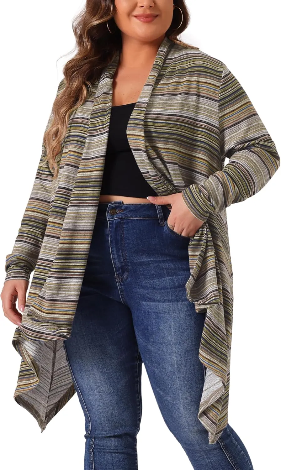 Agnes Orinda Plus Size Cardigan Sweaters for Women Lightweight Long Sleeve Open Front Knit Stripe Cardigans