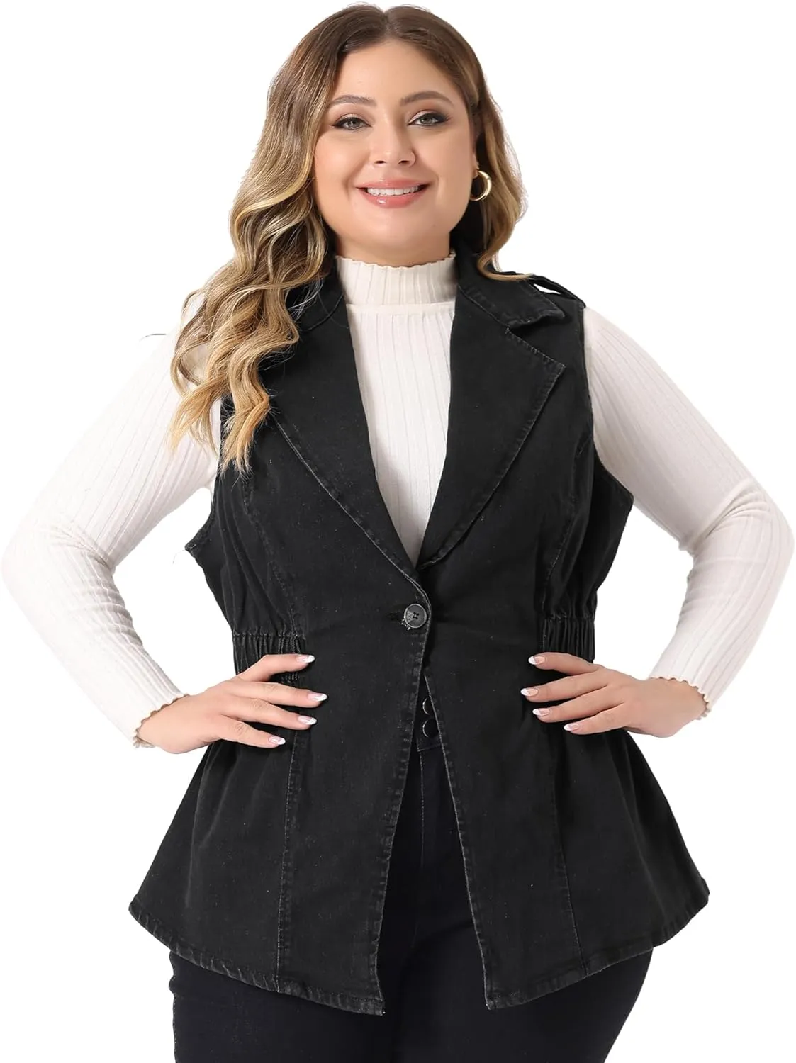 Agnes Orinda Plus Size Women's Denim Vest Sleeveless Lapel Button Elastic Waist Casual Denim Jackets Vests