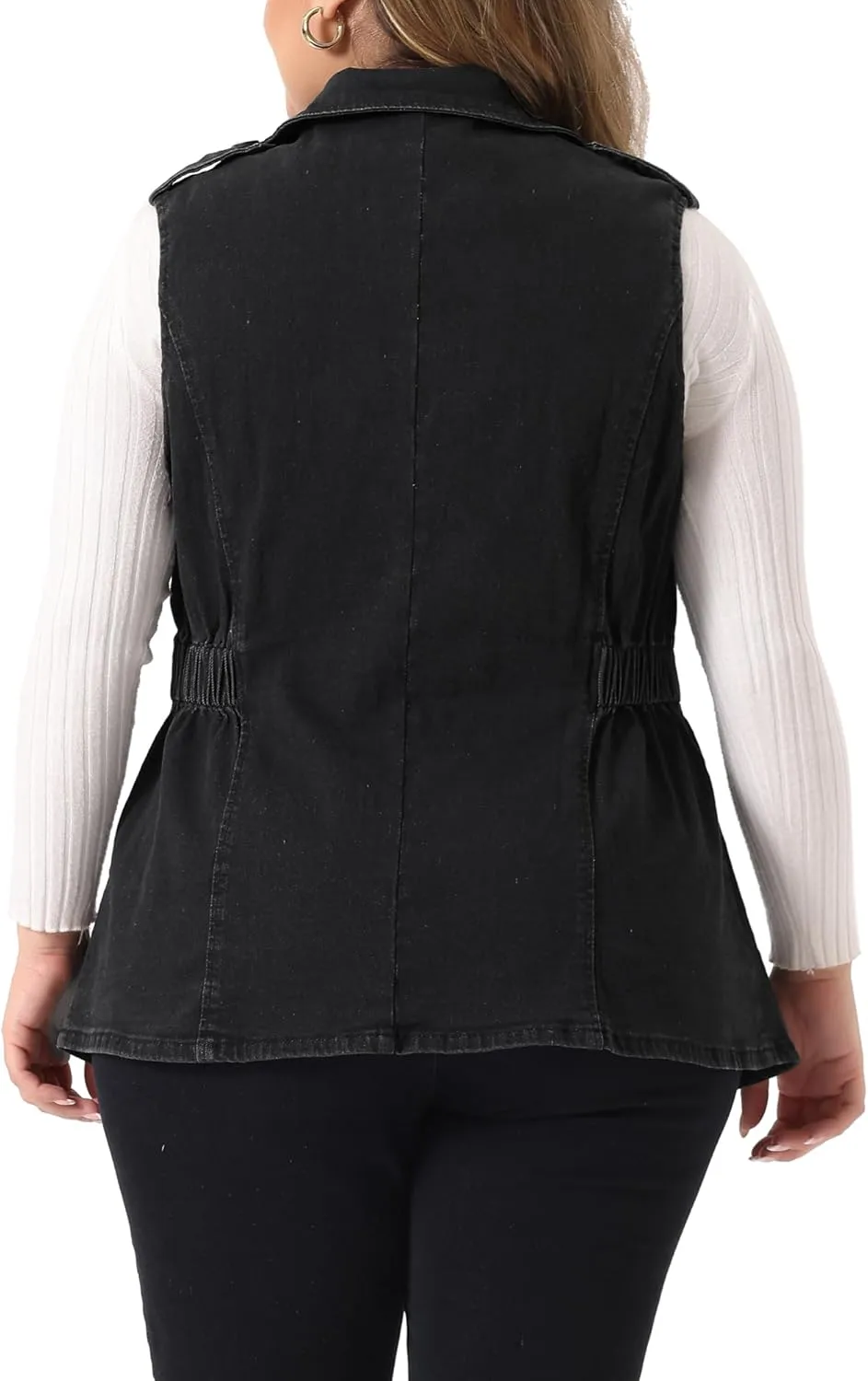 Agnes Orinda Plus Size Women's Denim Vest Sleeveless Lapel Button Elastic Waist Casual Denim Jackets Vests