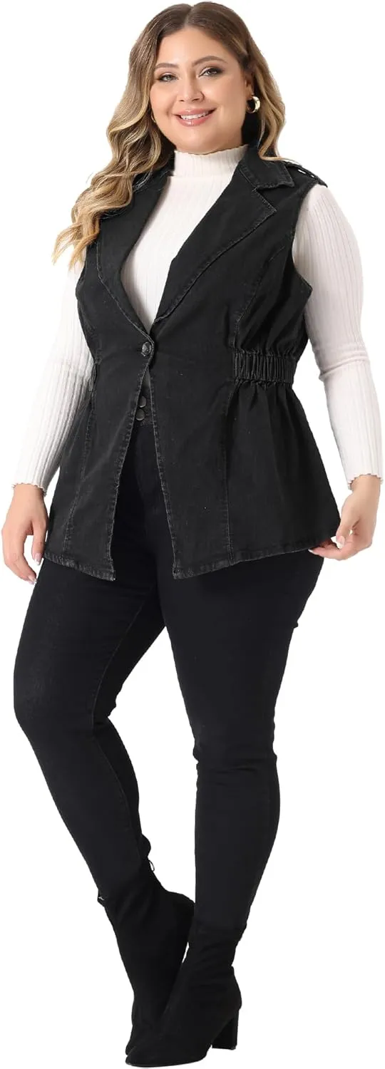 Agnes Orinda Plus Size Women's Denim Vest Sleeveless Lapel Button Elastic Waist Casual Denim Jackets Vests