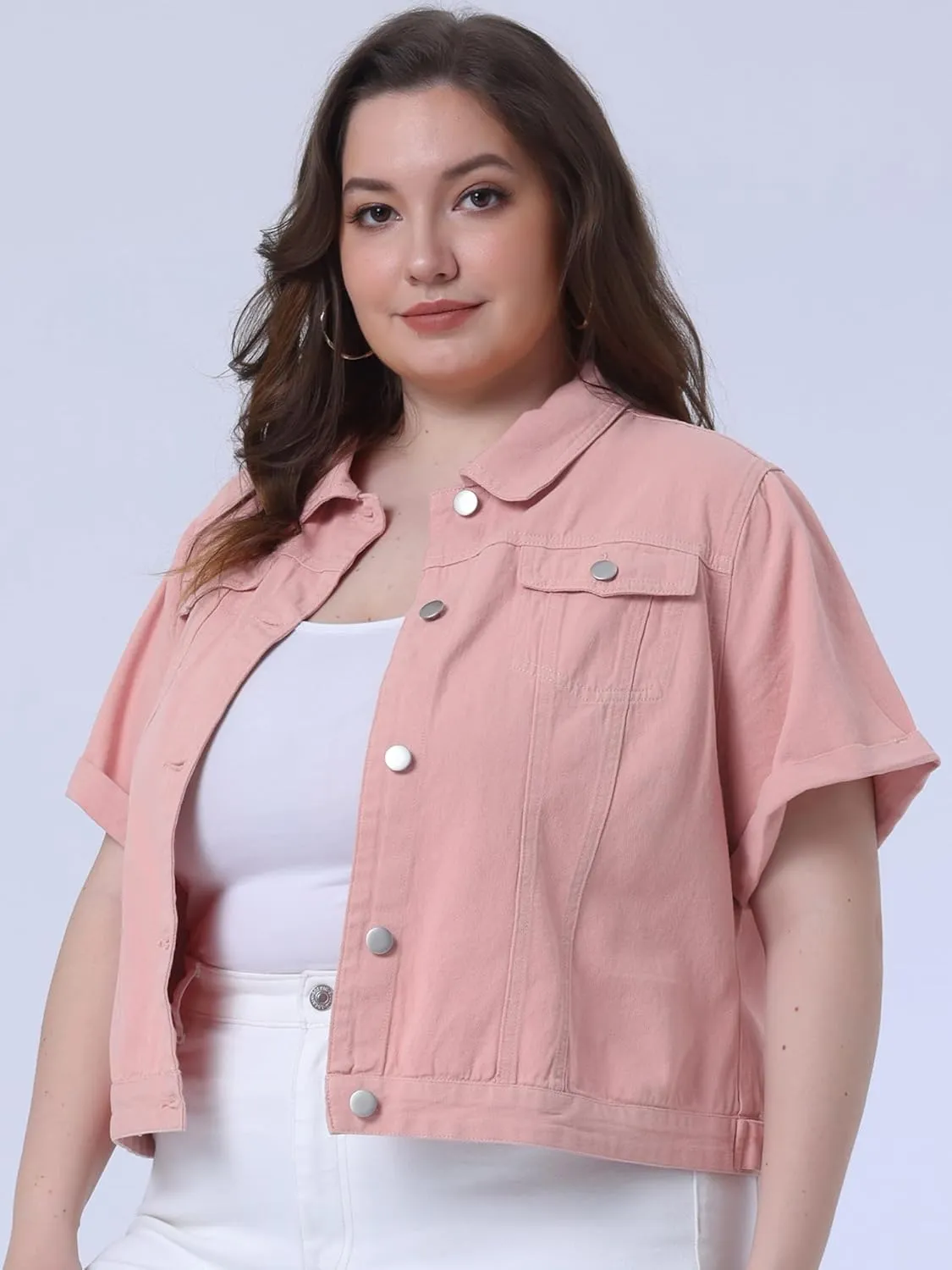 Agnes Orinda Women's Plus Size Denim Jacket Short Sleeve Lapel Button Front Work Western Outfit Jean Jackets