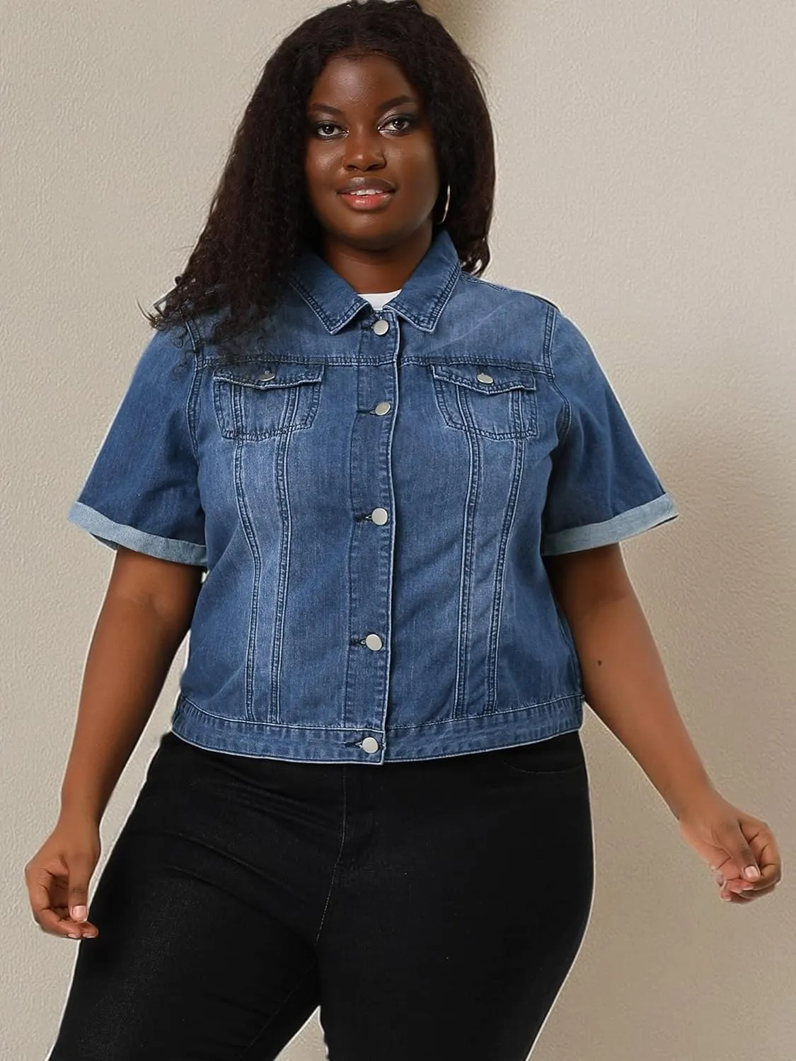 Agnes Orinda Women's Plus Size Denim Jacket Short Sleeve Lapel Button Front Work Western Outfit Jean Jackets