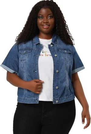 Agnes Orinda Women's Plus Size Denim Jacket Short Sleeve Lapel Button Front Work Western Outfit Jean Jackets