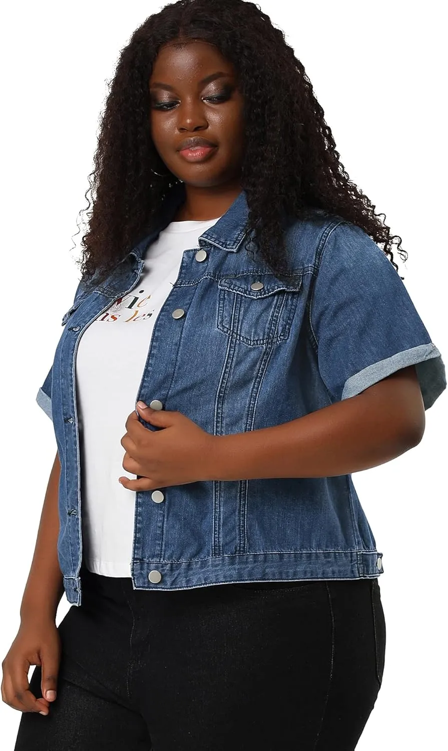 Agnes Orinda Women's Plus Size Denim Jacket Short Sleeve Lapel Button Front Work Western Outfit Jean Jackets