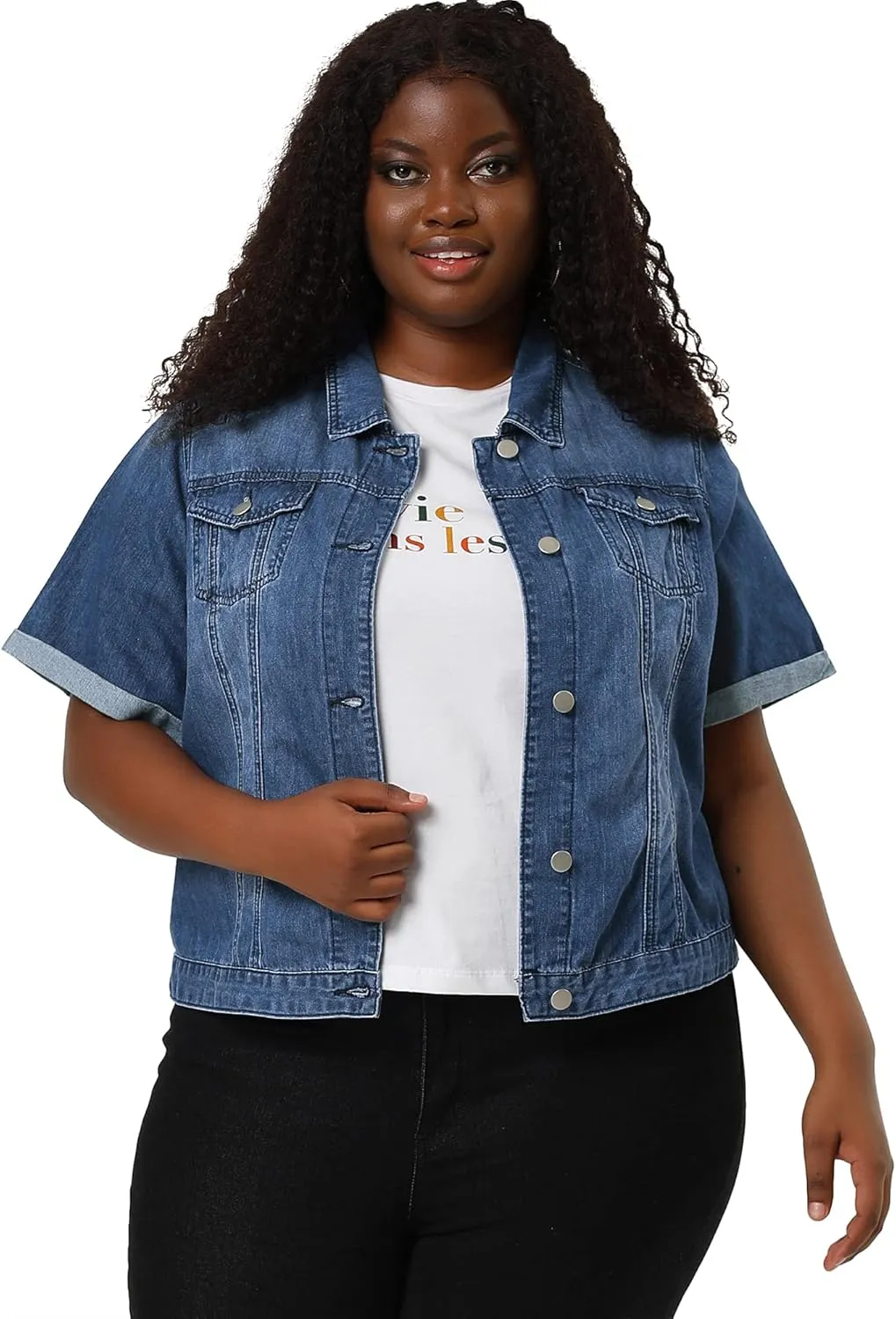 Agnes Orinda Women's Plus Size Denim Jacket Short Sleeve Lapel Button Front Work Western Outfit Jean Jackets