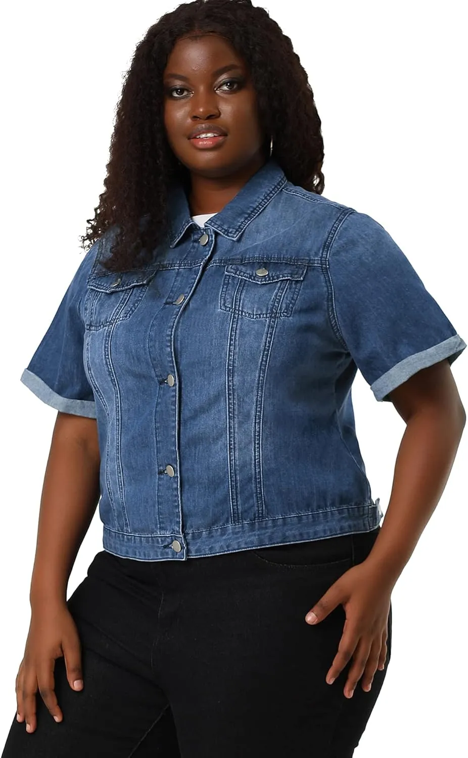 Agnes Orinda Women's Plus Size Denim Jacket Short Sleeve Lapel Button Front Work Western Outfit Jean Jackets