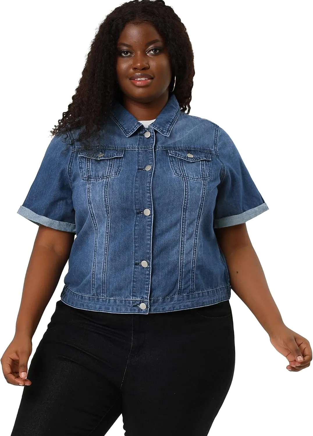 Agnes Orinda Women's Plus Size Denim Jacket Short Sleeve Lapel Button Front Work Western Outfit Jean Jackets