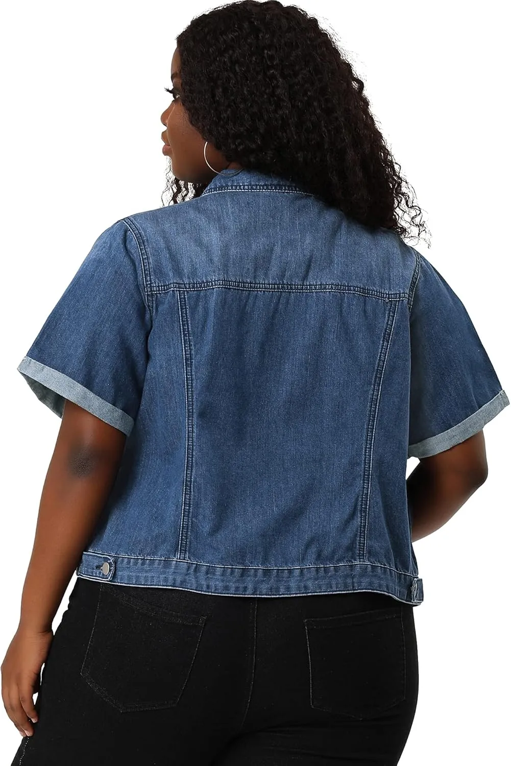 Agnes Orinda Women's Plus Size Denim Jacket Short Sleeve Lapel Button Front Work Western Outfit Jean Jackets