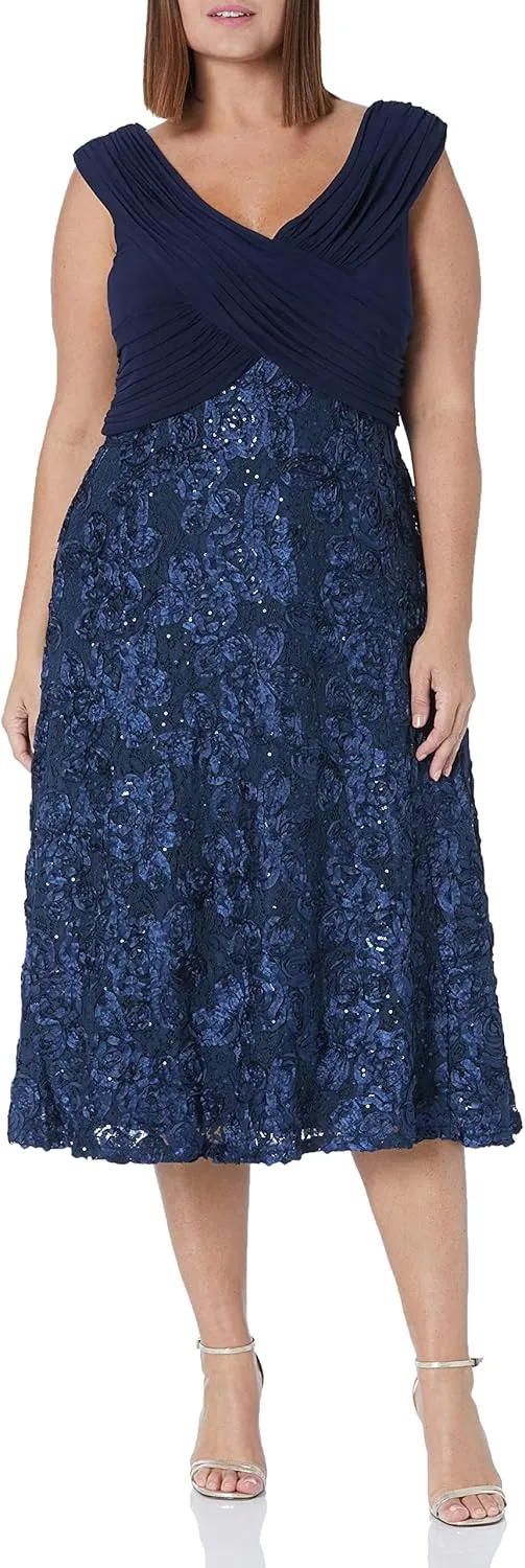 Alex Evenings Women's Plus Size Tea Length Dress with Rosette Detail
