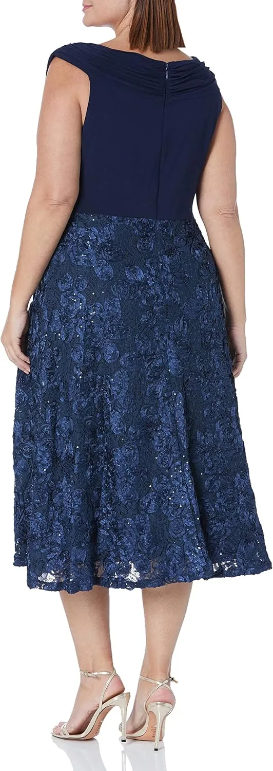 Alex Evenings Women's Plus Size Tea Length Dress with Rosette Detail