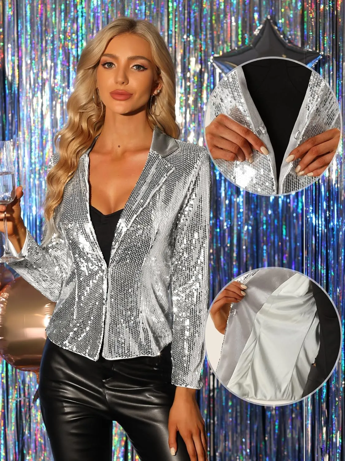 Allegra K Sequin Jacket for Women's Party Sparkly Shiny Jackets