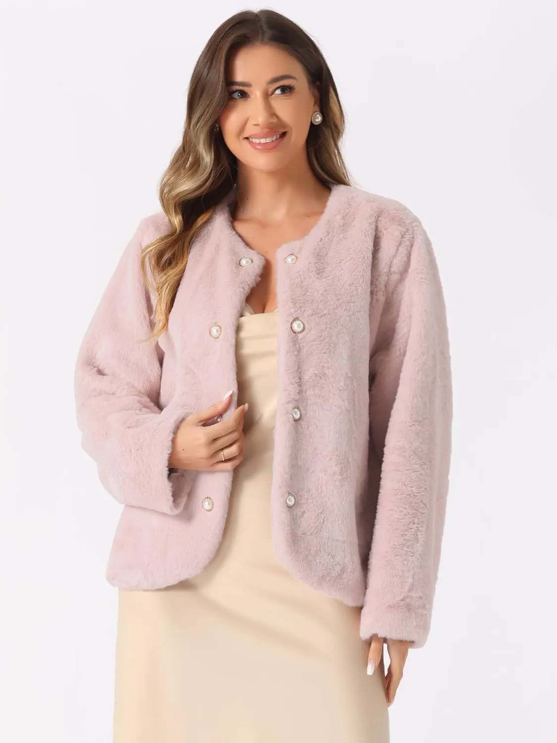 Allegra K Winter Faux Fur Coat Jacket for Women Long Sleeve Pockets Pearl Button Fluffy Cropped Cardigan Outerwear