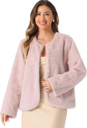 Allegra K Winter Faux Fur Coat Jacket for Women Long Sleeve Pockets Pearl Button Fluffy Cropped Cardigan Outerwear