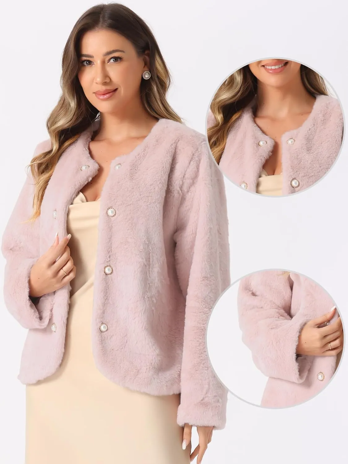 Allegra K Winter Faux Fur Coat Jacket for Women Long Sleeve Pockets Pearl Button Fluffy Cropped Cardigan Outerwear