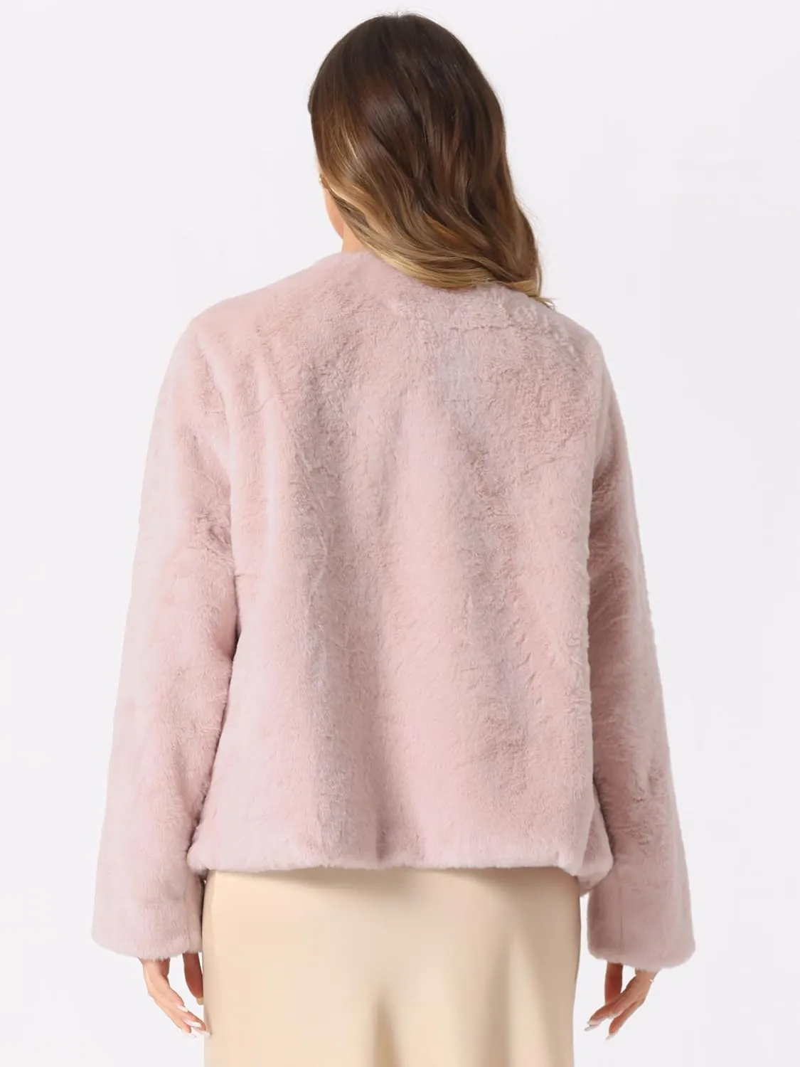Allegra K Winter Faux Fur Coat Jacket for Women Long Sleeve Pockets Pearl Button Fluffy Cropped Cardigan Outerwear