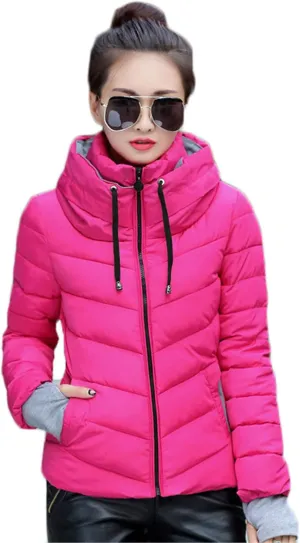 Andongnywell Women's Winter Parka Jacket Warm Stand Collar Cotton Quilted Down Coat Short padded small padded jackets (Hot Pink,X-Large)