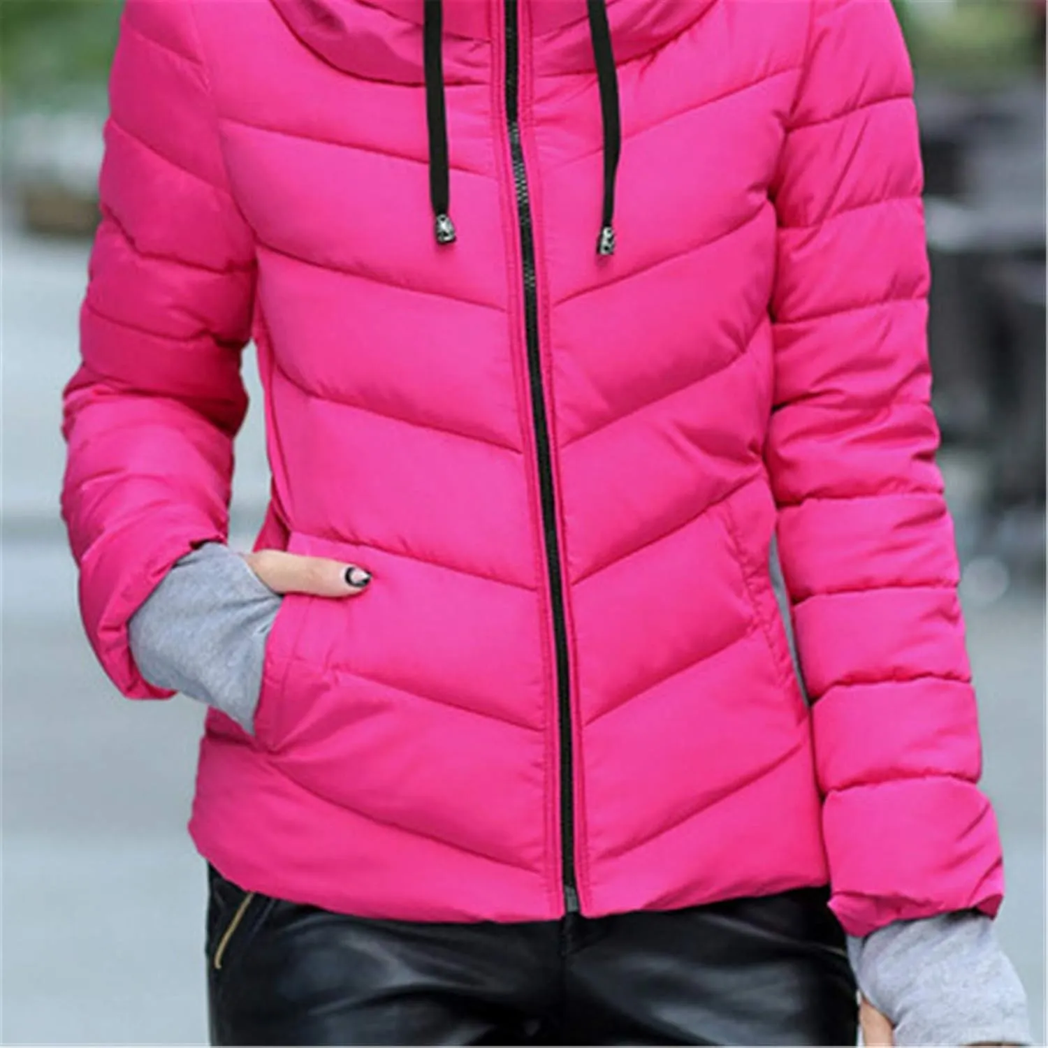 Andongnywell Women's Winter Parka Jacket Warm Stand Collar Cotton Quilted Down Coat Short padded small padded jackets (Hot Pink,X-Large)