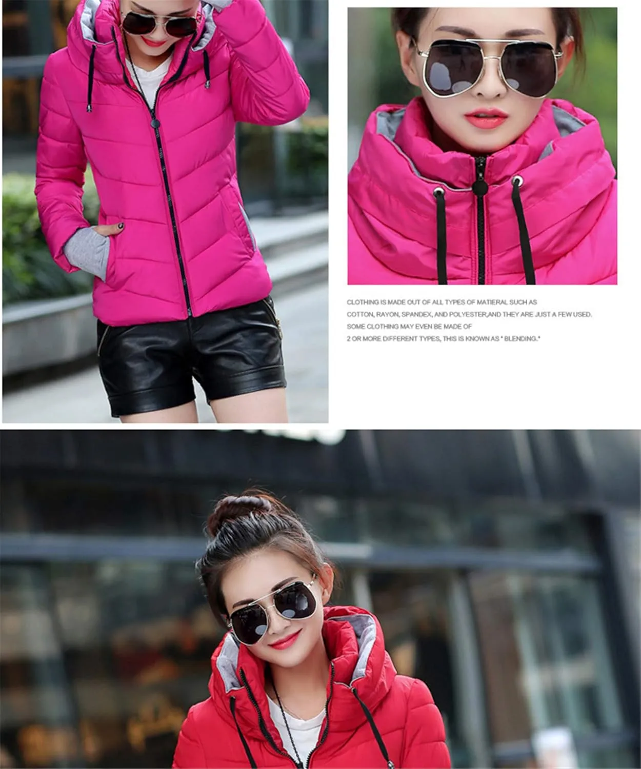 Andongnywell Women's Winter Parka Jacket Warm Stand Collar Cotton Quilted Down Coat Short padded small padded jackets (Hot Pink,X-Large)