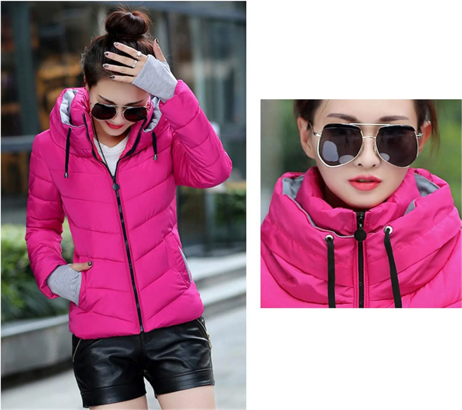 Andongnywell Women's Winter Parka Jacket Warm Stand Collar Cotton Quilted Down Coat Short padded small padded jackets (Hot Pink,X-Large)