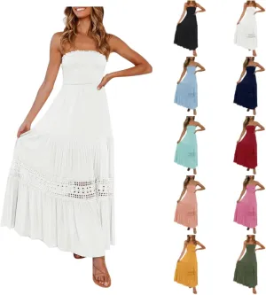 Aniywn Maxi Sundresses for Women 2025 Vacation Summer Boho Strapless Dresses Trendy Off Shoulder Smocked Lace Trim Maxi Dress