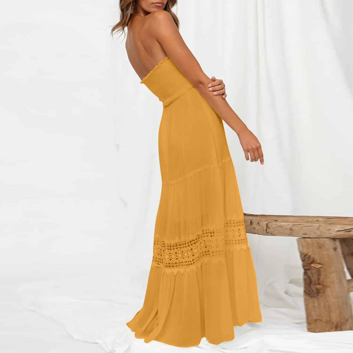 Aniywn Maxi Sundresses for Women 2025 Vacation Summer Boho Strapless Dresses Trendy Off Shoulder Smocked Lace Trim Maxi Dress