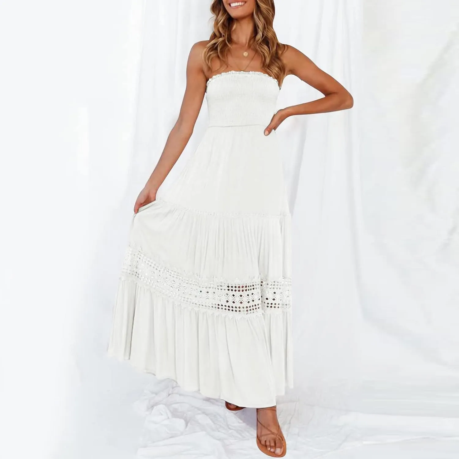 Aniywn Maxi Sundresses for Women 2025 Vacation Summer Boho Strapless Dresses Trendy Off Shoulder Smocked Lace Trim Maxi Dress