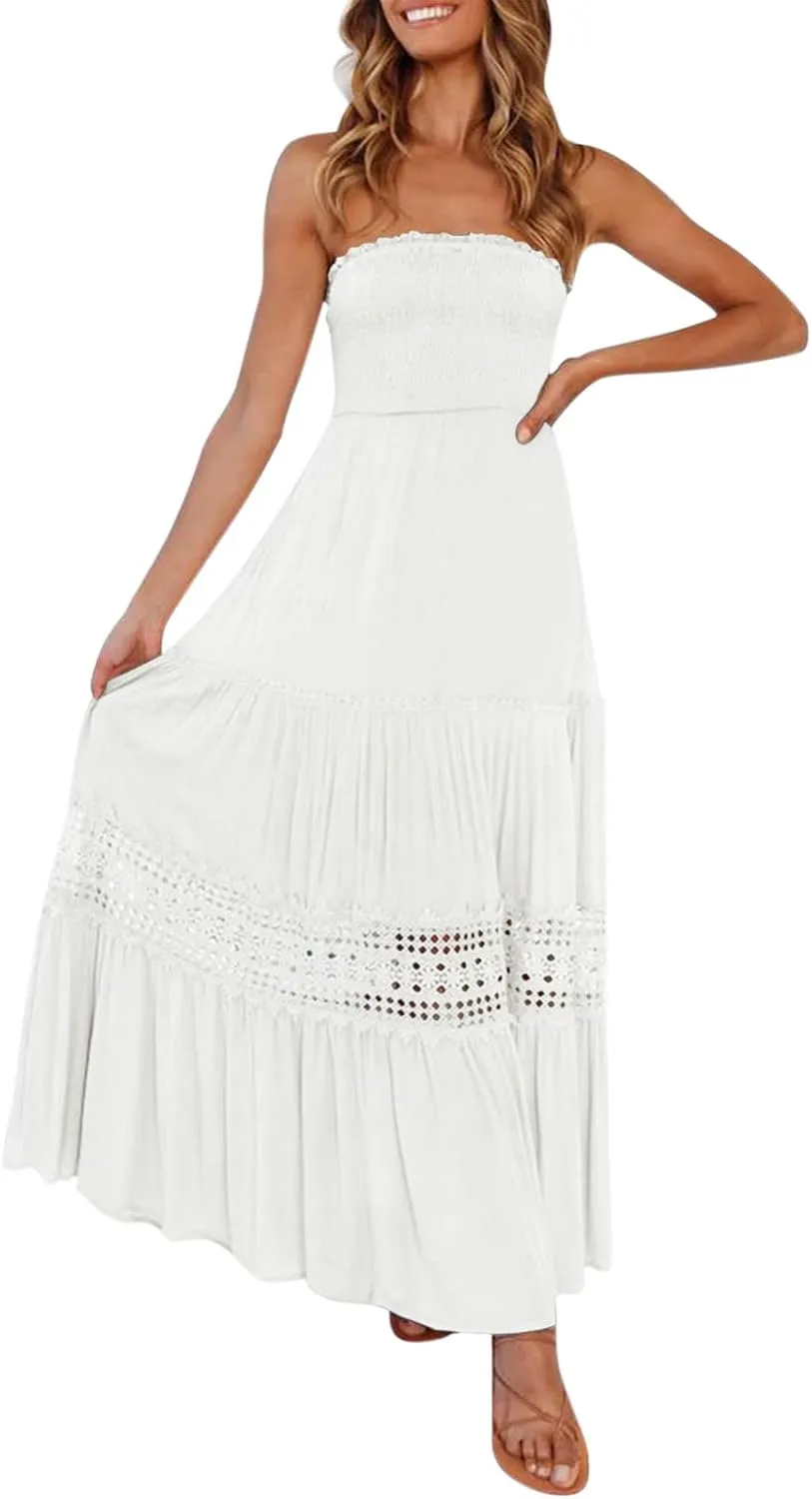 Aniywn Maxi Sundresses for Women 2025 Vacation Summer Boho Strapless Dresses Trendy Off Shoulder Smocked Lace Trim Maxi Dress