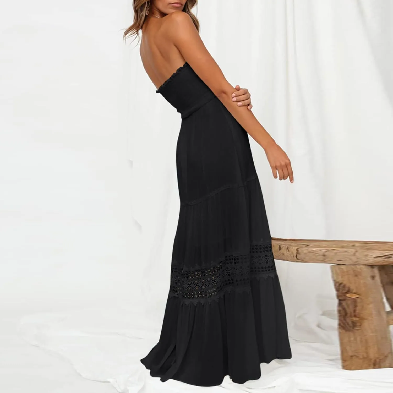 Aniywn Maxi Sundresses for Women 2025 Vacation Summer Boho Strapless Dresses Trendy Off Shoulder Smocked Lace Trim Maxi Dress