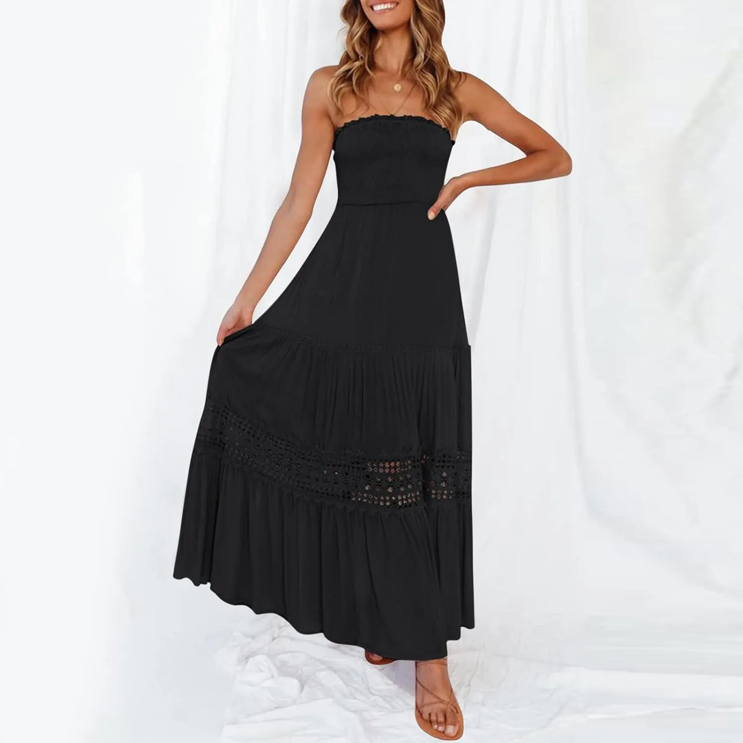 Aniywn Maxi Sundresses for Women 2025 Vacation Summer Boho Strapless Dresses Trendy Off Shoulder Smocked Lace Trim Maxi Dress