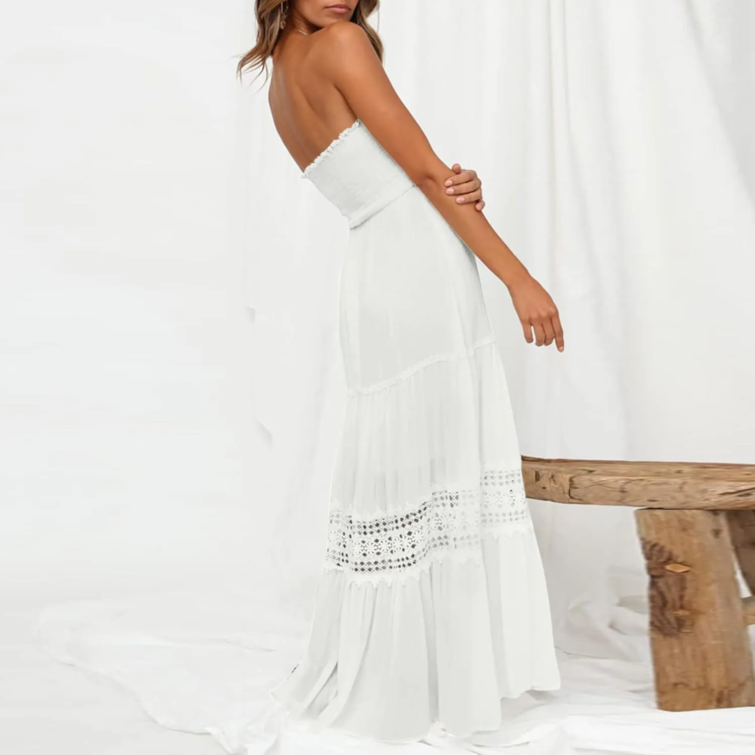 Aniywn Maxi Sundresses for Women 2025 Vacation Summer Boho Strapless Dresses Trendy Off Shoulder Smocked Lace Trim Maxi Dress