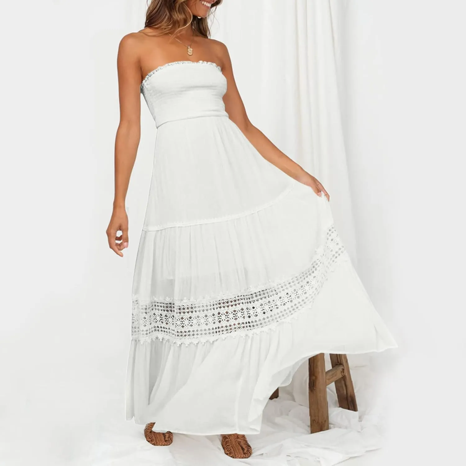 Aniywn Maxi Sundresses for Women 2025 Vacation Summer Boho Strapless Dresses Trendy Off Shoulder Smocked Lace Trim Maxi Dress
