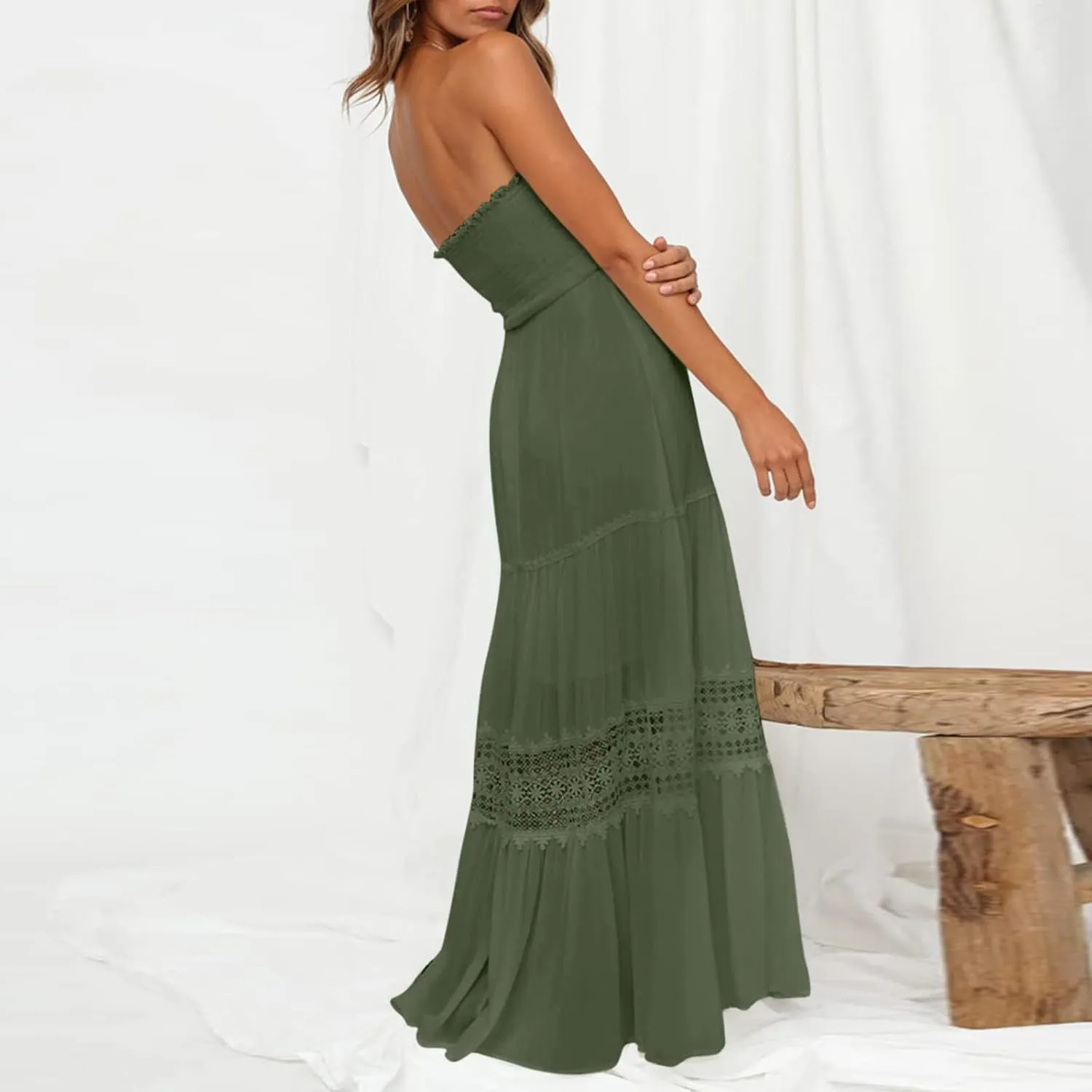 Aniywn Maxi Sundresses for Women 2025 Vacation Summer Boho Strapless Dresses Trendy Off Shoulder Smocked Lace Trim Maxi Dress