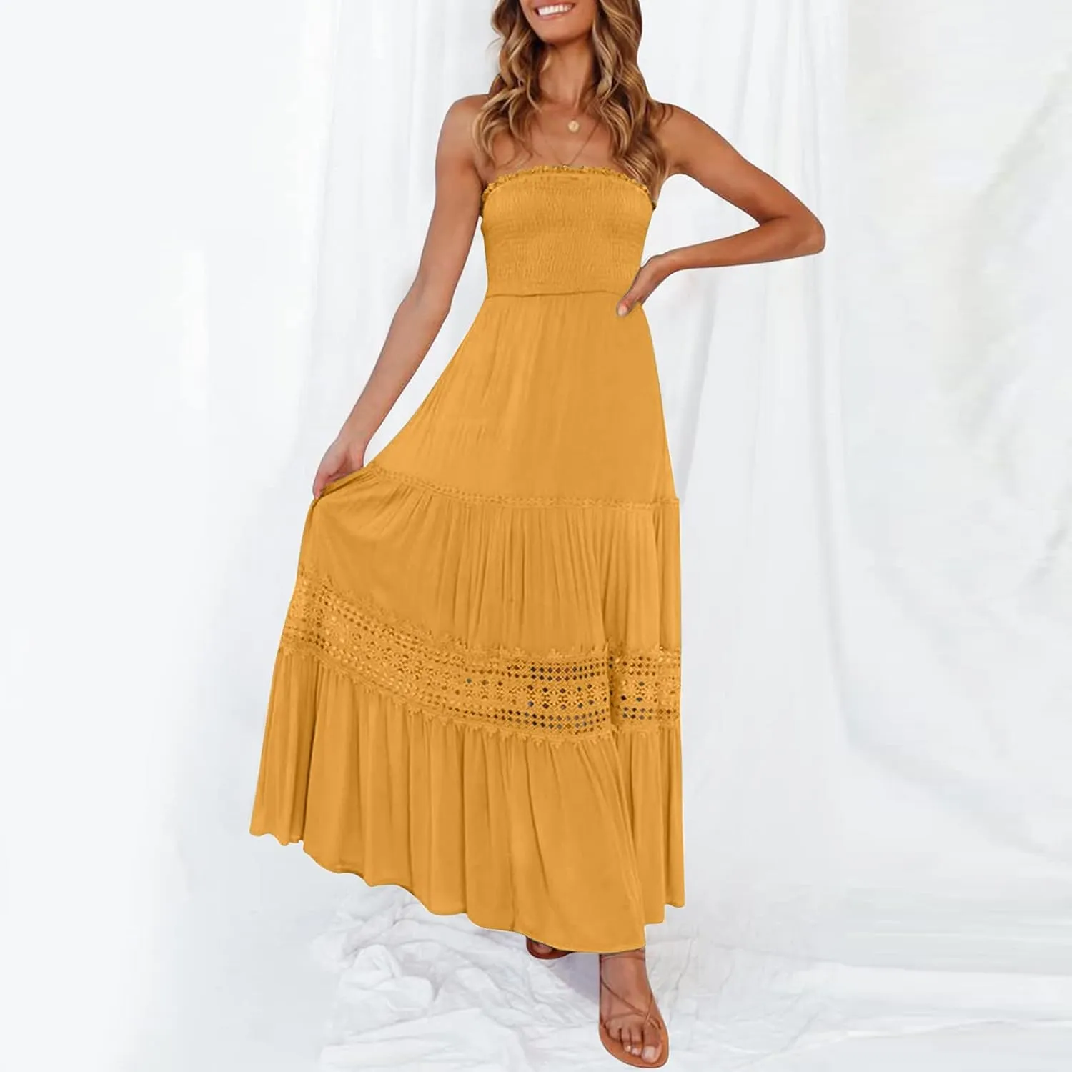 Aniywn Maxi Sundresses for Women 2025 Vacation Summer Boho Strapless Dresses Trendy Off Shoulder Smocked Lace Trim Maxi Dress