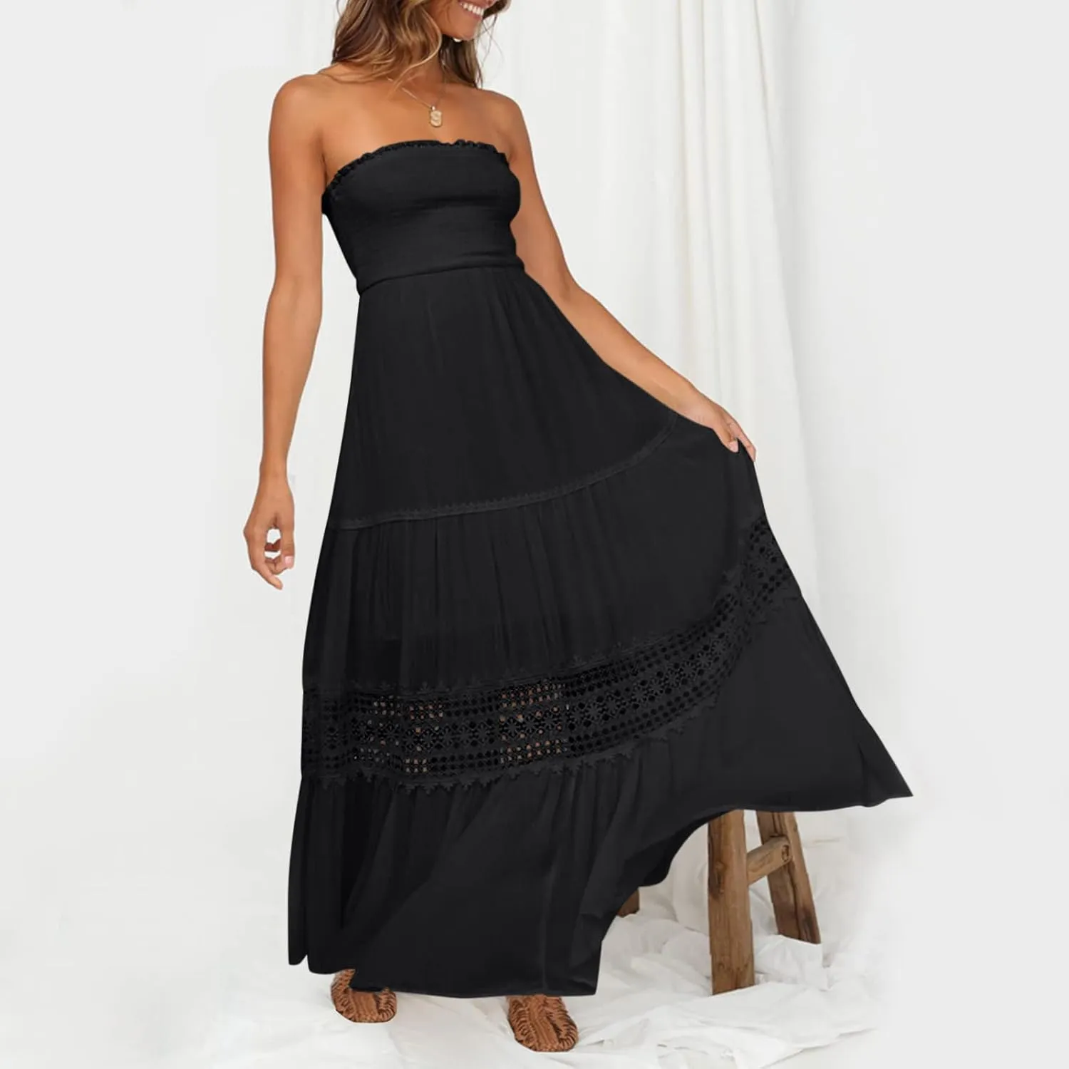 Aniywn Maxi Sundresses for Women 2025 Vacation Summer Boho Strapless Dresses Trendy Off Shoulder Smocked Lace Trim Maxi Dress