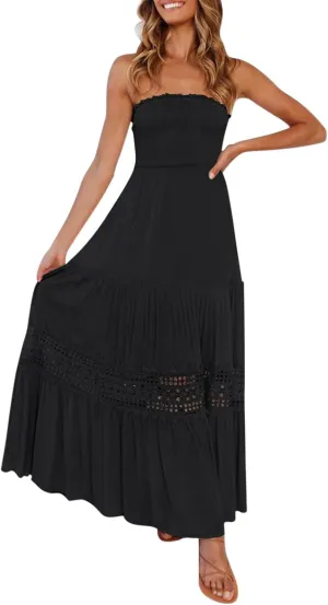 Aniywn Maxi Sundresses for Women 2025 Vacation Summer Boho Strapless Dresses Trendy Off Shoulder Smocked Lace Trim Maxi Dress