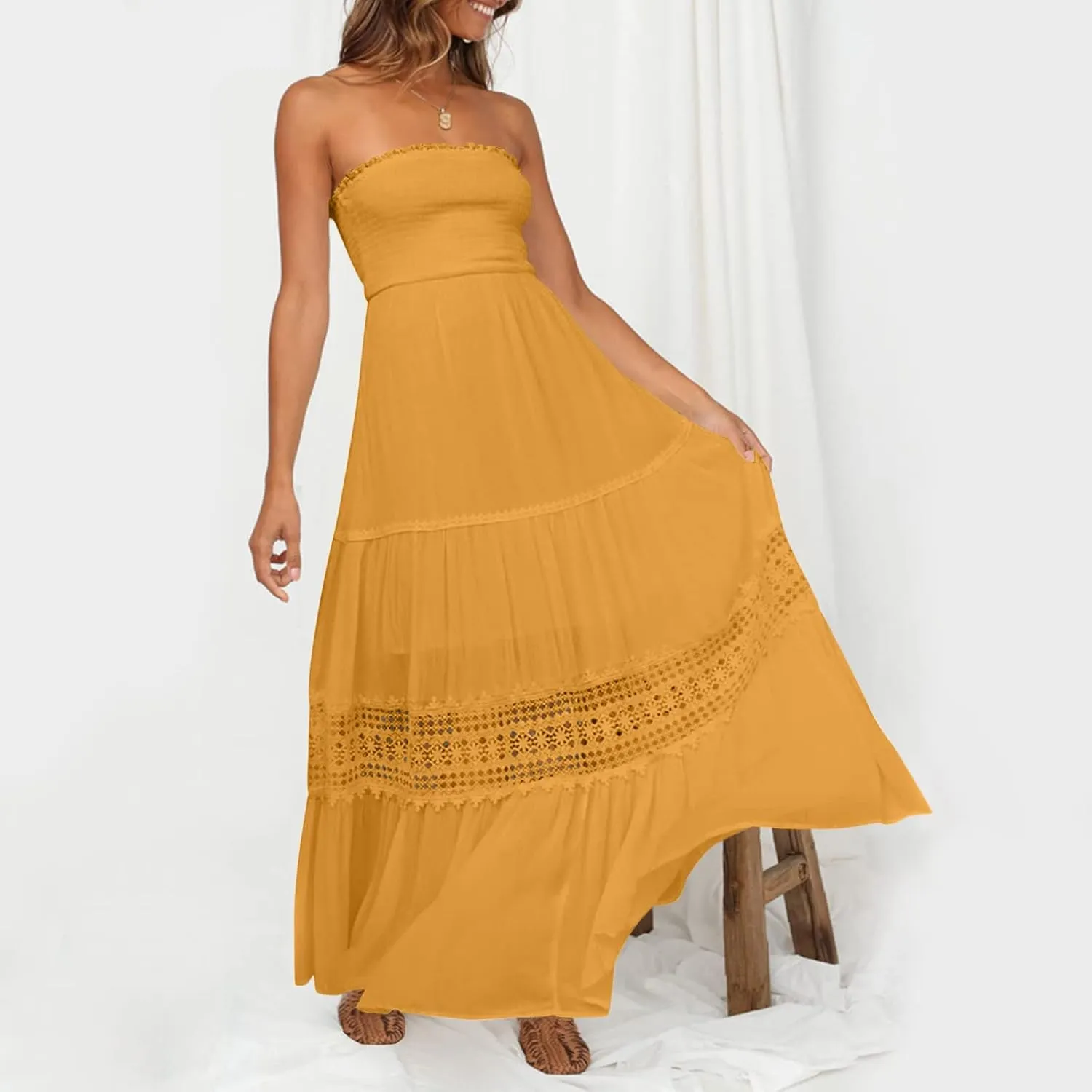 Aniywn Maxi Sundresses for Women 2025 Vacation Summer Boho Strapless Dresses Trendy Off Shoulder Smocked Lace Trim Maxi Dress