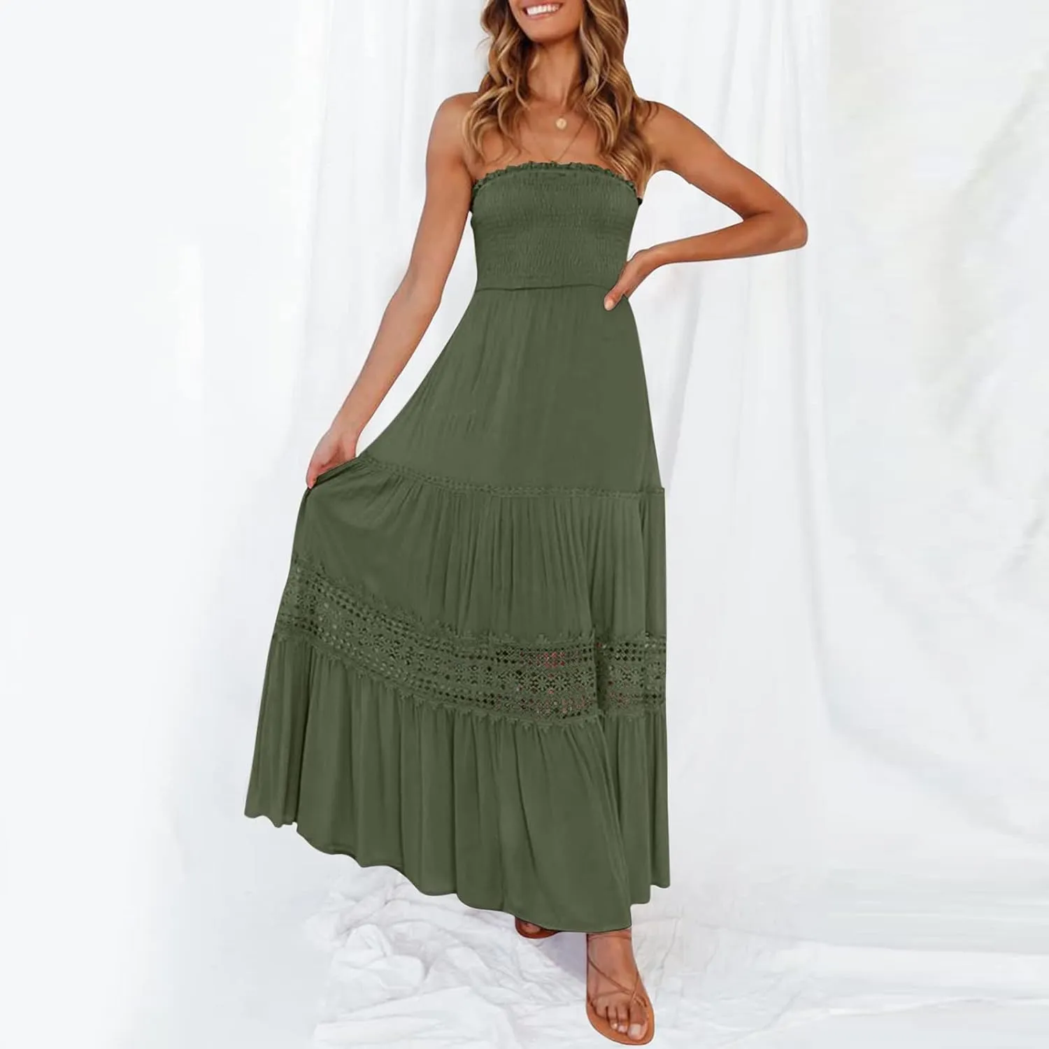 Aniywn Maxi Sundresses for Women 2025 Vacation Summer Boho Strapless Dresses Trendy Off Shoulder Smocked Lace Trim Maxi Dress