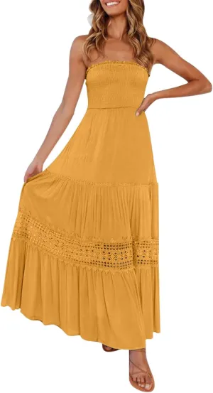 Aniywn Maxi Sundresses for Women 2025 Vacation Summer Boho Strapless Dresses Trendy Off Shoulder Smocked Lace Trim Maxi Dress