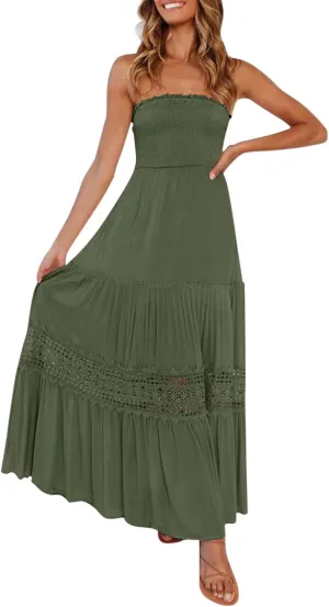 Aniywn Maxi Sundresses for Women 2025 Vacation Summer Boho Strapless Dresses Trendy Off Shoulder Smocked Lace Trim Maxi Dress
