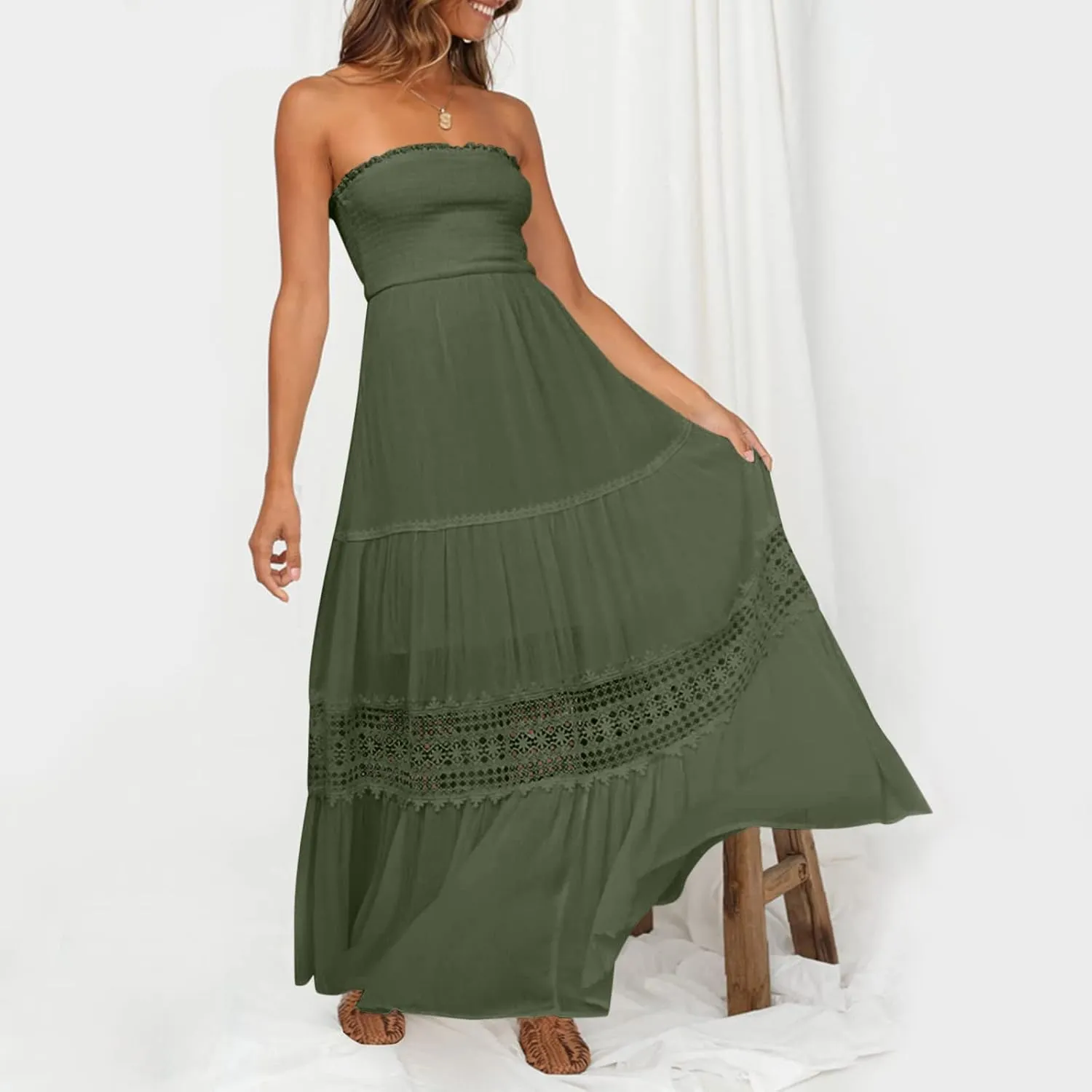 Aniywn Maxi Sundresses for Women 2025 Vacation Summer Boho Strapless Dresses Trendy Off Shoulder Smocked Lace Trim Maxi Dress