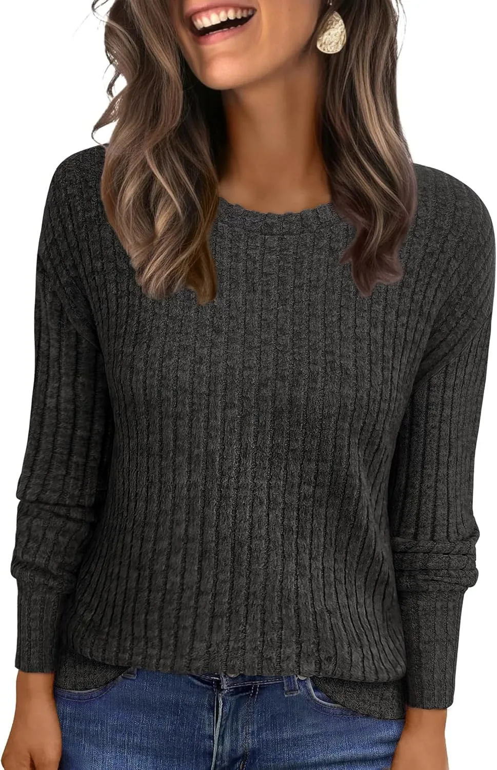 ANRABESS Long Sleeve Shirts for Women Business Casual Crewneck Tunic Tops Lightweight Fall Fashion Sweaters Clothes 2025